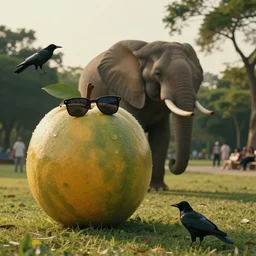 1990s candid photo of a beautiful day at the park, cinematic lighting, cinematic look, golden hour, large elephant sized crows wearing sunglasses, Enormous fruit, UHD