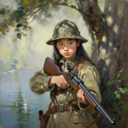 oil painting by ilya kuvshinov,, chad knight, artgerm craig mullins, coby whitmore, of a youthful japanese girl, long hair, hunter's outfit, hunter's hat,, holding a rifle highly detailed, breathtaking face, studio photography, noon, intense bounced light, water reflection, large tree casting shadow, serine intense sunlight