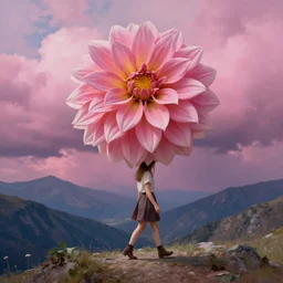 giant dahlia flower on her head, girl walking on mountain, surreal photography, pink storm clouds, dramatic light, impressionist painting, digital painting, artstation, simon stalenhag