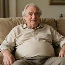 cozy wide picture of older handsome lord richard is sitting gracefully on a ( sofa ), his eyes look wise, happy wise. oh he is a human by the way, wear's beige shirt, has firm skin and bouncy belly