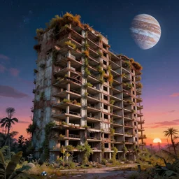 a beautiful hyperdetailed illustration of apartment abandoned urbex nature building architecture unfinished building industrial architecture by ludwig mies van der rohe, retro at summer san andreas at dusk jupiter at night sunset alien junglepunk tokyo galactic cosmic infrared, archdaily, wallpaper, highly detailed, trending on artstation.