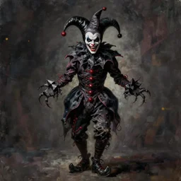 full body portrait of villainous jester, dark, twisted, twisted. horror. highly detailed, cinematic lighting, digital art painting by greg rutkowski, trending on artstation