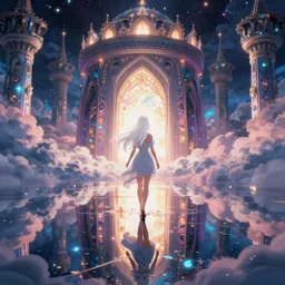 white haired girl walking in flooded cloud palace night, fractal dreamscape, cinematic, mirror reflection, vibrant colors digital anime illustration by studio ghibli, smooth coloring