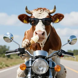 cool cow eating icecream on a motorcycle with sunglasses