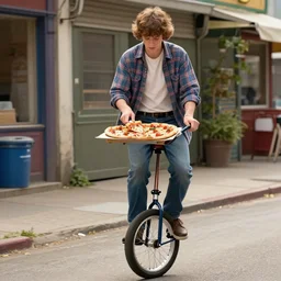 a photo of Steve Harrington from stranger things making a pizza while riding a Unicycle, hyperrealistic, 8K