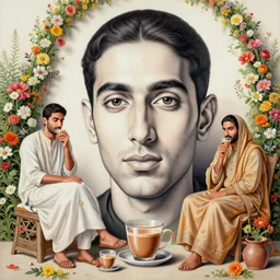 full body portraits, people having chai, happy, flowers, absurdly beautiful, elegant, highly realistic ultrafine hyperrealistic painting by salman toor, perfect face geometry, intricate linework, sharp focus, bright colors, matte, unreal engine highly rendered, global illumination, radiant light, intricate environment