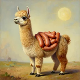 a surrealist detailed cartoonish funny painting of a llama made out of frankfurter sausages. in the style of dali
