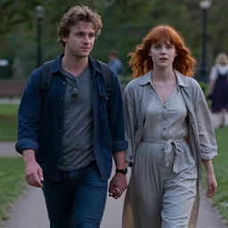 a cinematic extreme close - up still of a young couple walking in the park, evening, highly detailed matte painting, telephoto lens 2 0 0 mm, by stanley artgerm lau, greg rutkowski, thomas kinkade, alphonse mucha, loish, norman rockwell, artstation