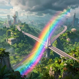 incredible, mindblowing beautiful grand rainbow hardlight bridge, matte painting, artstation, solarpunk metropolis, cgsociety, dramatic lighting, vibrant greenery, concept art, octane render, arnold 3 d render