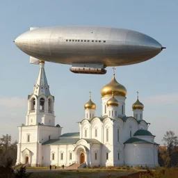a large dieselpunk airship is standing in the air over a splendid white church in russia, full morning sun, matte painting by craig mullins