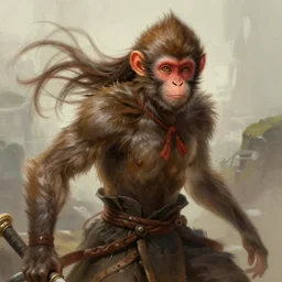 lithe monkey warrior with flowing brown hair, trending on artstation, art by Ted Nasmith and James Gurney