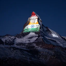 flag of india is projected illuminated on the matterhorn mountain at night