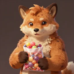 anthropomorphic furry character holding a bag of sweets in his paws, 4 k, trending on artstation, furaffinity, detailed illustration