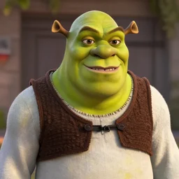 film still close up shot of dwayne johnson as shrek from the movie shrek the third. photographic, photography