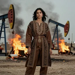 fashion editorial in Kuwait oil fields burning fire burning. 1991. highly detailed. depth of field. high definition. 8k. photography.