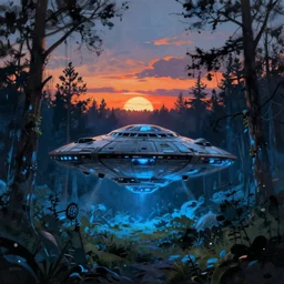 matte painting alien spaceship in clearing in Forest at night. Forest is lit by eerie blue glow. Ufo. Sunset. Digital painting. Beeple. Noah Bradley. Cyril Roland trending on artstation.