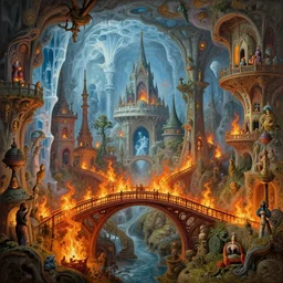 beguiling epic stunning beautiful insanely detailed matte painting of a bridge through fire dream worlds designed by heironymous bosch, structures inspired by heironymous bosch's garden of earthly delights, surreal ice interiors by cyril rolando and asher durand and natalie shau, whimsical, intricate