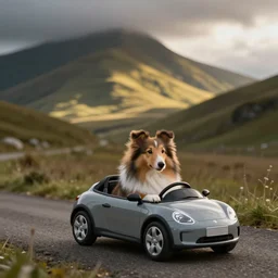 a sheltie driving a little car