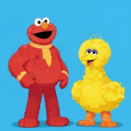Dr Manhattan on sesame Street laughing with big bird, cartoon