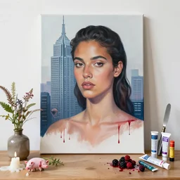 “ a portrait work in progress in a queer female art student ’ s apartment, sensual, a diamond, skyscraper, art supplies, paint tubes, palette knife, pigs, ikebana, herbs, a candle dripping white wax, squashed berries, berry juice drips, acrylic and spray paint and oilstick on canvas, surrealism, neoexpressionism ”