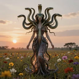 full body medusa, gorgon, snake head girl standing in a flower field, her head is hidden behind many snakes, surreal photography, sunrise, dramatic light