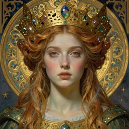 detailed realistic beautiful young medieval queen face portrait by jean delville, tom bagshaw, brooke shaden, gustave dore and marco mazzoni, art nouveau, symbolist, visionary, gothic, pre - raphaelite, ornate gilded medieval icon, surreality, ethereal, unearthly, haunting, celestial, neo - gothic, ghostly, memento mori, nightmare