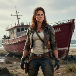 fallout 5, charismatic beautiful rugged brunette female protagonist, portrait, outdoors coastal area with a marooned fishing boat, atmospheric lighting, painted, intricate, volumetric lighting, beautiful, daytime, sunny weather, slight overcast, sharp focus, deep colours, ultra detailed, by leesha hannigan, ross tran, thierry doizon, kai carpenter, ignacio fernandez rios