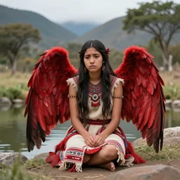 Harpy, young woman, red feathered wings, wearing Inka clothes, sad expression, sitting at a pond, mountainous area, trees in the background, trending on artstation