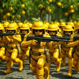 large army of lemon soldiers with guns marching, artstation