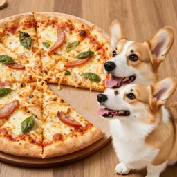 cu of ny style deluxe pizza and a corgi dog salivating at it, hyperreal - n 4