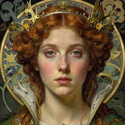 detailed realistic beautiful young medieval queen face portrait by jean delville, gustave dore and marco mazzoni, art nouveau, symbolist, visionary, gothic, pre - raphaelite, art forms of nature by ernst haeckel, horizontal symmetry