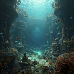 dramatic intricate underwater landscape. many fish and crustaceans, intricate subnautica habitat, trending on cgsociety, peaceful atmosphere, natural volumetric lighting, exaggerated detail, wide angle, octane render, raytraced realistic