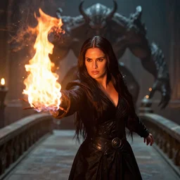 epic photo of salma hayek as beautiful wizard wearing a black satin robe and metal belt in lord of the rings with long straight black hair fighting the terrifying monstrous balrog on a stone bridge, casting a fire spell, sweaty, detailed eyes, neutral expression, shallow depth of field, photorealistic, cinematic lighting, lovely bokeh, dungeon setting, dark moody light, strong rim light, movie quality, fire light, flames, inferno, lord of the rings 1 9 8 5, movie still