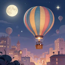 a beautiful stunning fantasy whimsical matte digital illustration of a hot - air balloon race over a city at night by marc simonetti, pastel color palette, disney steampunk, chiaroscuro magical bokeh moon stars, trending on artstation hq, masterpiece