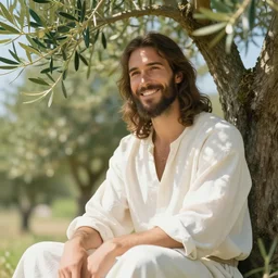 jesus as a handsome anime man, smiling and sitting under an olive tree, enraptured by the glory of god, in the style of mob psycho 100, full detail, trending on artstation