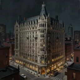 painting of a 1 9 2 0 s gothic style hotel in downtown boston, overlooking a dark street, architectural, atmospheric lighting, brooding, painted, intricate, ultra detailed, well composed, best on artstation, cgsociety, epic, horror, stunning, gorgeous, intricate detail, much wow, masterpiece, cinematic aesthetic octane render, 8 k hd resolution,