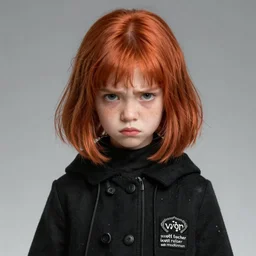 a cute 20 year old girl, pale, petite with bob ginger hair that is middle parted, with freckles, looks annoyed, wearing a black coat by artgerm and wlop and scott fischer and seb mckinnon, digital art, highly detailed, wide shot, intricate, fantasy, mystical, sharp focus, Trending on Artstation HQ, deviantart, unreal engine 5, 4K UHD image