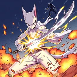 mewtwo holding a katana, art by murata, one punch man, explosions, 4 k, fighting, anime, artstation, manga