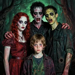 cinematic colorful horror artwork by artgerm, beksinski, mark brooks ; real life full portrait of three humans family posing together, the man was james, the woman was teri, and the boy was tyler ; scary, 8 k hdr, creepy intricate ; volumetric dramatic lighting, insanely detailed, haunting