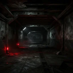 ruined, abandoned, underground metro station. Pitch black darkness, red flares on the ground is the only light source. Smoke. Dirt and debris on ground. Unreal Engine. Substance painter. Zbrush. Trending on artstation. 8K. Horror. Resident evil. Highly detailed.