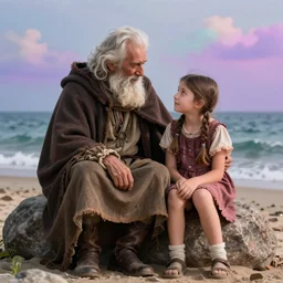 an old wise man wearing a cloak and his daughter sitting on a rock at the beach, magical atmosphere, magical atmosphere, trending on artstation, 30mm, by Noah Bradley trending on ArtStation, deviantart, high detail, stylized portrait