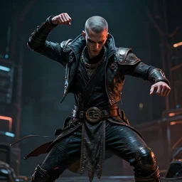a portrait of a evil warrior dancing techno - style, cyberpunk concept art, trending on artstation, highly detailed, intricate, sharp focus, digital art, 8 k