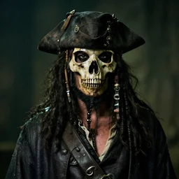 70mm photo of a dirty rugged old pirate lord wearing dirty old black hat, black coat and a wearing worn and stained Skull Bone Hard Mask, long black beard and long black hair, dark scene with dim light, movie scene, depth of field