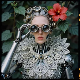 kodak portra 4 0 0, masterpiece profile portrait, dutch masters, silver lace floral steampunk biomechanical beautiful young female cyborg, big monocular, volumetric light, leaves foliage and stems, hibiscus flowers, by cecile beaton, matt colours, big gothic fashion pearl embroidered collar, 8 k