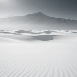 ''white sand desert, mountains in the distance, mysterious, fog, majestic, hyper realism''
