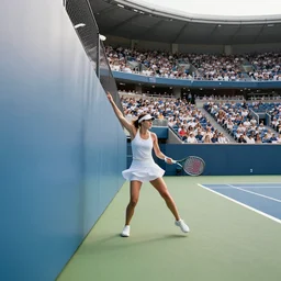 woman playing tennis against a wall being watched by a large stadium full of fans