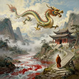 a gorgeous landscape painting by barlowe wayne, maxfield parrish and marco mazzoni. a ultra long chinese dragon is flying through the clouds and mist among the mountains. an abandoned chinese temple. birds. a lonely chinese monk walks on the winding stone steps, 3 d, octane render, turbulent blood lake, 8 k.