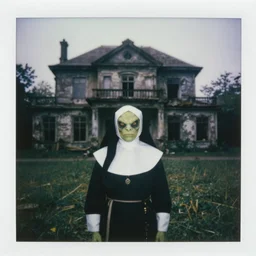 polaroid photo of angry reptilian nun staying in front of abandoned mansion, dark, moody, foggy, gloomy