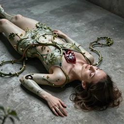 A hyper-realistic digital image of a woman laying down on a concrete floor with machine like vines taking her heart, by Andrea Chiampo, artstation and Frederik Heyman, extremely detailed woman, stunning volumetric lighting, hyper realism, fantasy 4k