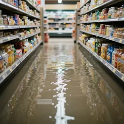 photo of a grocery store interior, the floor is flooded with one meter deep water. eerie, volumetric lighting.